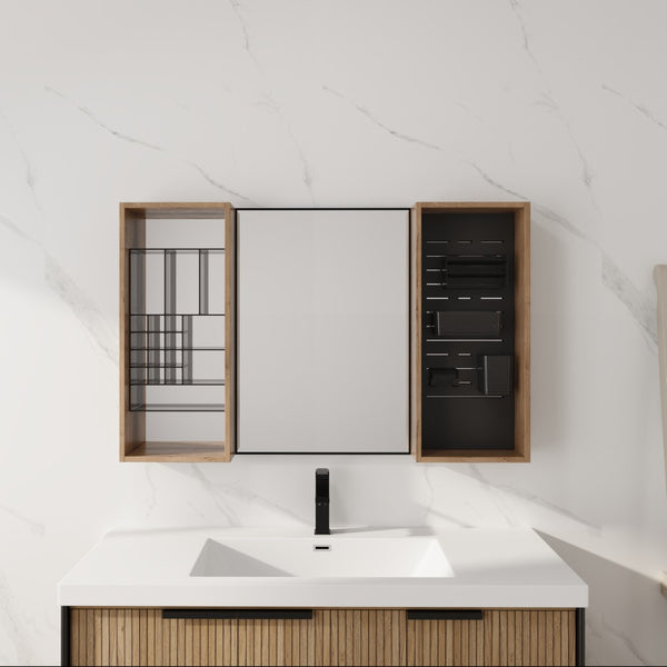 English Elm 43.5 Inch Wall Mounted Medicine Cabinet with Mirror Plywood Storage and Organizer Bins W999S00558