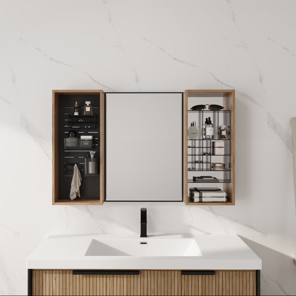English Elm 43.5 Inch Wall Mounted Medicine Cabinet with Mirror Plywood Storage and Organizer Bins W999S00558