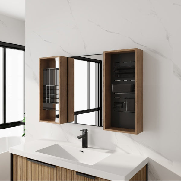 English Elm 43.5 Inch Wall Mounted Medicine Cabinet with Mirror Plywood Storage and Organizer Bins W999S00558