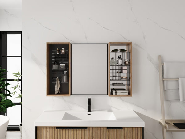English Elm 43.5 Inch Wall Mounted Medicine Cabinet with Mirror Plywood Storage and Organizer Bins W999S00558