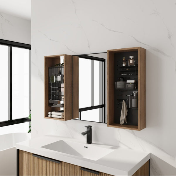 English Elm 43.5 Inch Wall Mounted Medicine Cabinet with Mirror Plywood Storage and Organizer Bins W999S00558