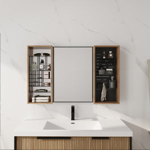 English Elm 43.5 Inch Wall Mounted Medicine Cabinet with Mirror Plywood Storage and Organizer Bins W999S00558