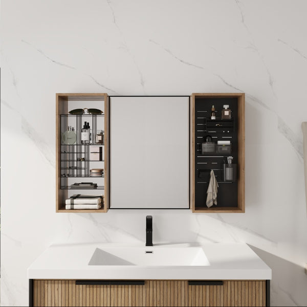 English Elm 43.5 Inch Wall Mounted Medicine Cabinet with Mirror Plywood Storage and Organizer Bins W999S00558