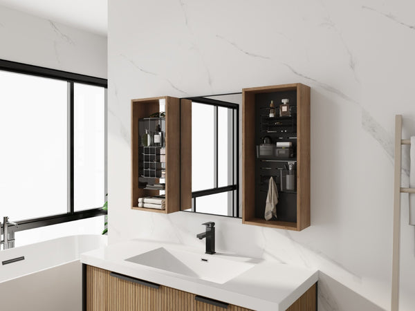 English Elm 43.5 Inch Wall Mounted Medicine Cabinet with Mirror Plywood Storage and Organizer Bins W999S00558