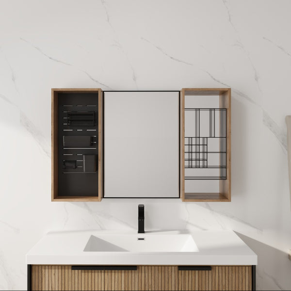 English Elm 43.5 Inch Wall Mounted Medicine Cabinet with Mirror Plywood Storage and Organizer Bins W999S00558