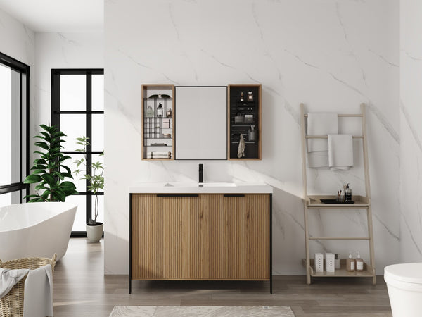 English Elm 43.5 Inch Wall Mounted Medicine Cabinet with Mirror Plywood Storage and Organizer Bins W999S00558