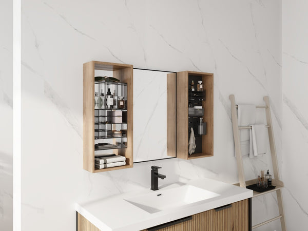 English Elm 43.5 Inch Wall Mounted Medicine Cabinet with Mirror Plywood Storage and Organizer Bins W999S00558