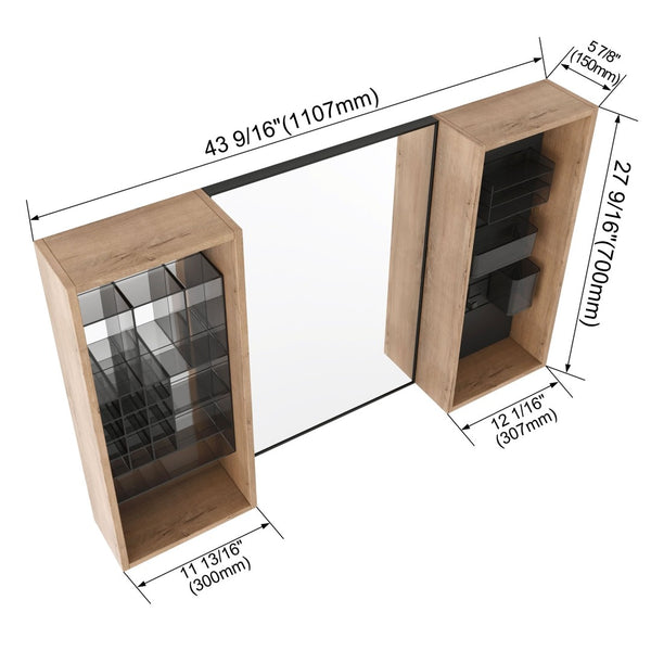 English Elm 43.5 Inch Wall Mounted Medicine Cabinet with Mirror Plywood Storage and Organizer Bins W999S00558