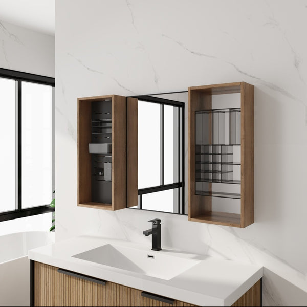 English Elm 43.5 Inch Wall Mounted Medicine Cabinet with Mirror Plywood Storage and Organizer Bins W999S00558