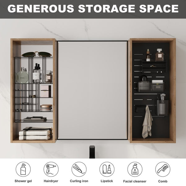 English Elm 43.5 Inch Wall Mounted Medicine Cabinet with Mirror Plywood Storage and Organizer Bins W999S00558