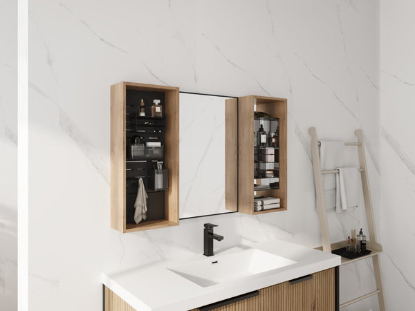 English Elm 43.5 Inch Wall Mounted Medicine Cabinet with Mirror Plywood Storage and Organizer Bins W999S00558