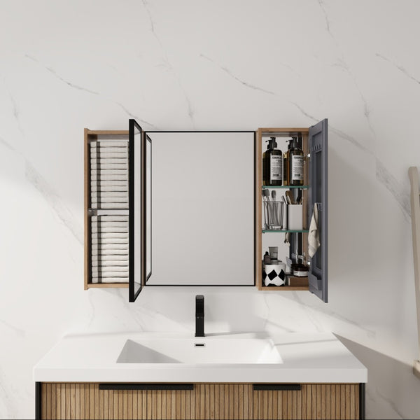 English Elm 39.4 Inch Wall Mounted Bathroom Medicine Cabinet with Soft Close Door and Glass Shelves W999S00560