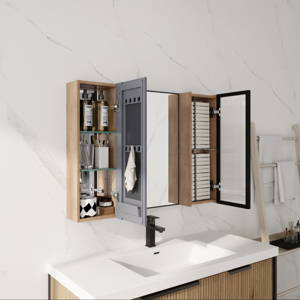 English Elm 39.4 Inch Wall Mounted Bathroom Medicine Cabinet with Soft Close Door and Glass Shelves W999S00560