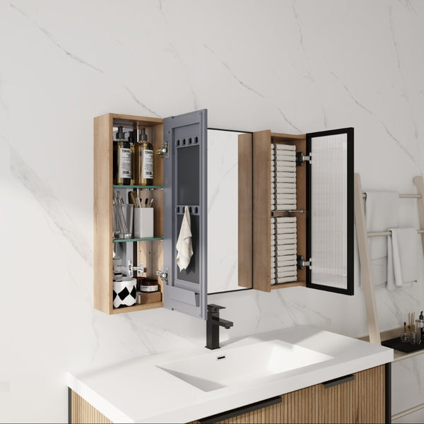 English Elm 39.4 Inch Wall Mounted Bathroom Medicine Cabinet with Soft Close Door and Glass Shelves W999S00560