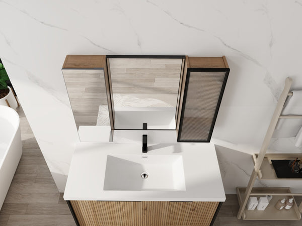 English Elm 39.4 Inch Wall Mounted Bathroom Medicine Cabinet with Soft Close Door and Glass Shelves W999S00560