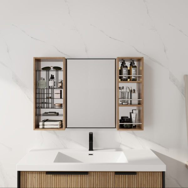 English Elm 41.3 Inch Wall Mounted Bathroom Medicine Cabinet with Mirrored Door and Jewelry Storage W999S00561
