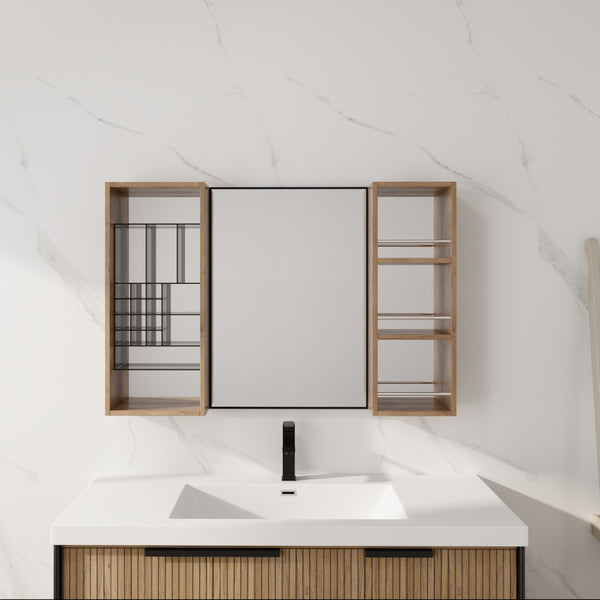 English Elm 41.3 Inch Wall Mounted Bathroom Medicine Cabinet with Mirrored Door and Jewelry Storage W999S00561