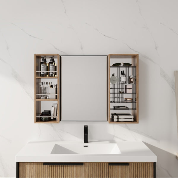 English Elm 41.3 Inch Wall Mounted Bathroom Medicine Cabinet with Mirrored Door and Jewelry Storage W999S00561