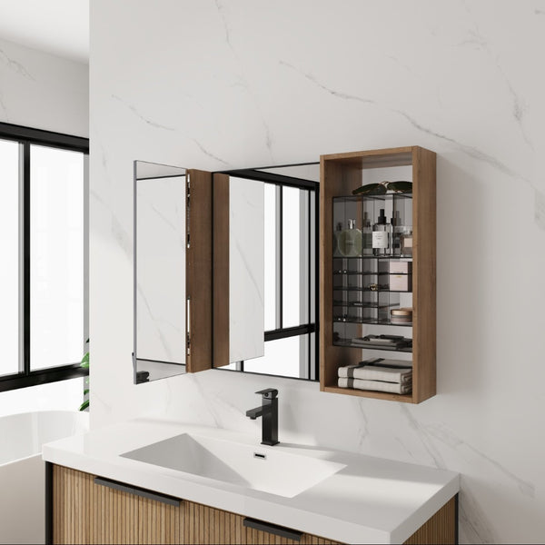 English Elm 41.3 Inch Wall Mounted Bathroom Mirror Cabinet with Adjustable Shelves and Plywood Body W999S00562
