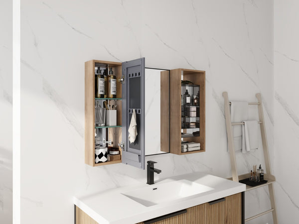 English Elm 41.3 Inch Wall Mounted Bathroom Mirror Cabinet with Adjustable Shelves and Plywood Body W999S00562