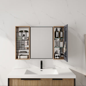 English Elm 41.3 Inch Wall Mounted Bathroom Mirror Cabinet with Adjustable Shelves and Plywood Body W999S00562