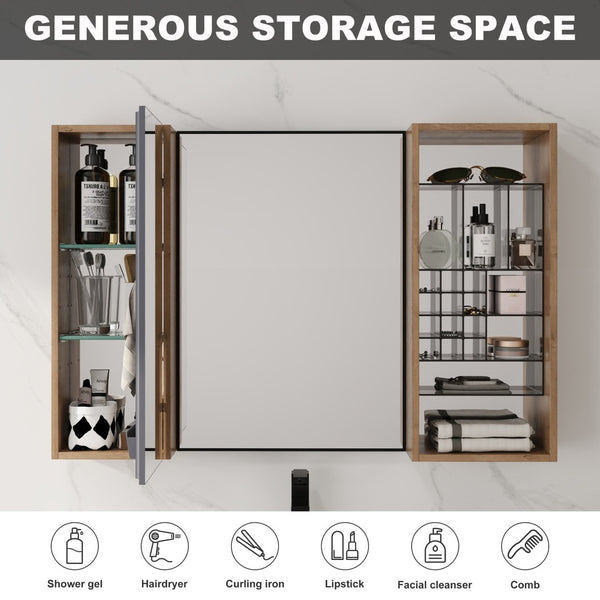 English Elm 41.3 Inch Wall Mounted Bathroom Mirror Cabinet with Adjustable Shelves and Plywood Body W999S00562