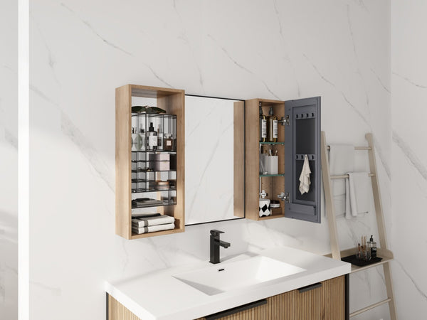 English Elm 41.3 Inch Wall Mounted Bathroom Mirror Cabinet with Adjustable Shelves and Plywood Body W999S00562