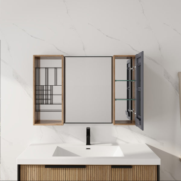 English Elm 41.3 Inch Wall Mounted Bathroom Mirror Cabinet with Adjustable Shelves and Plywood Body W999S00562