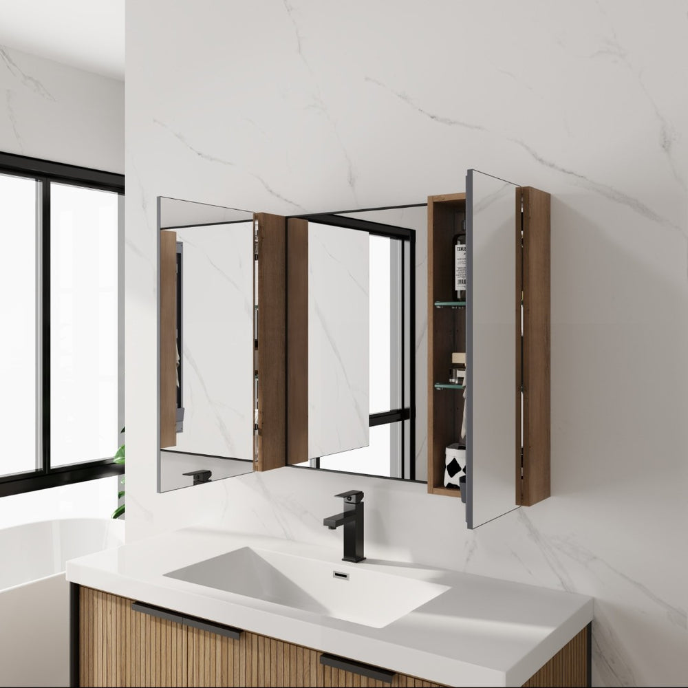 English Elm 43.3 Inch Wall Mounted Medicine Cabinet with Mirror Adjustable Shelves and Plywood Body W999S00563