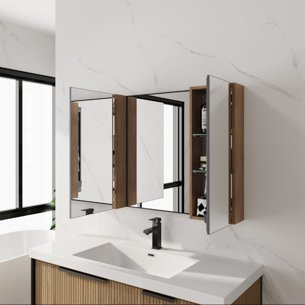 English Elm 43.3 Inch Wall Mounted Medicine Cabinet with Mirror Adjustable Shelves and Plywood Body W999S00563