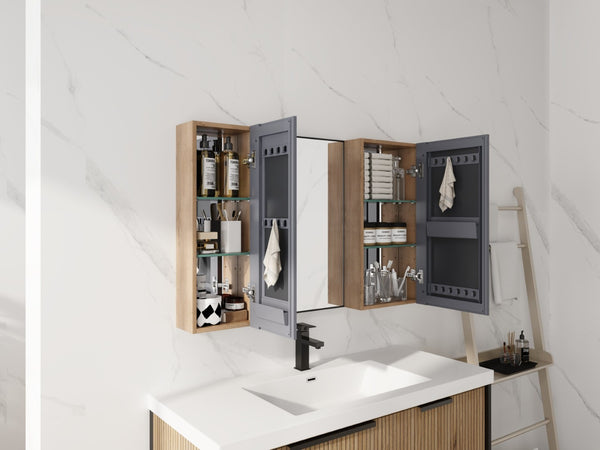 English Elm 43.3 Inch Wall Mounted Medicine Cabinet with Mirror Adjustable Shelves and Plywood Body W999S00563