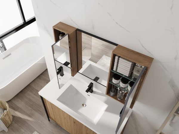 English Elm 43.3 Inch Wall Mounted Medicine Cabinet with Mirror Adjustable Shelves and Plywood Body W999S00563