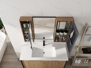 English Elm 43.3 Inch Wall Mounted Medicine Cabinet with Mirror Adjustable Shelves and Plywood Body W999S00563