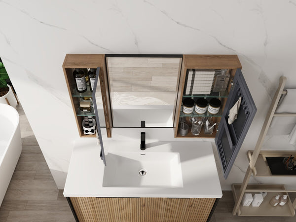 English Elm 43.3 Inch Wall Mounted Medicine Cabinet with Mirror Adjustable Shelves and Plywood Body W999S00563