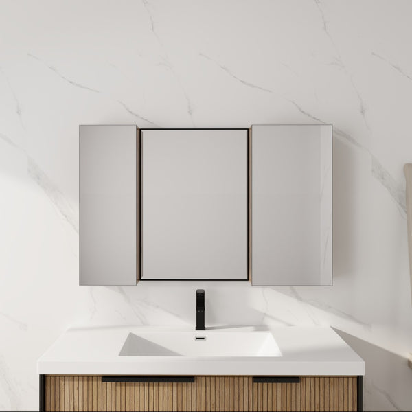 English Elm 43.3 Inch Wall Mounted Medicine Cabinet with Mirror Adjustable Shelves and Plywood Body W999S00563