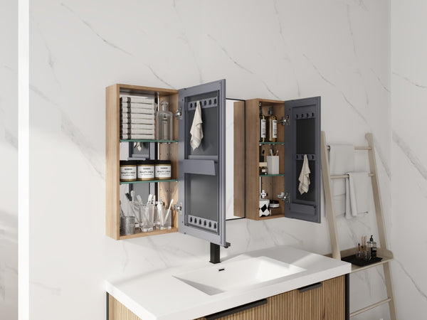 English Elm 43.3 Inch Wall Mounted Medicine Cabinet with Mirror Adjustable Shelves and Plywood Body W999S00563