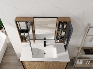 English Elm 43.3 Inch Wall Mounted Medicine Cabinet with Mirror Adjustable Shelves and Plywood Body W999S00563