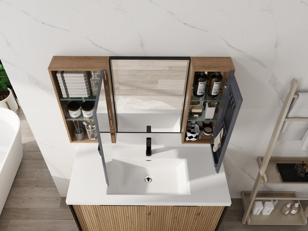 English Elm 43.3 Inch Wall Mounted Medicine Cabinet with Mirror Adjustable Shelves and Plywood Body W999S00563