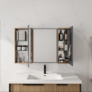 English Elm 43.3 Inch Wall Mounted Medicine Cabinet with Mirror Adjustable Shelves and Plywood Body W999S00563
