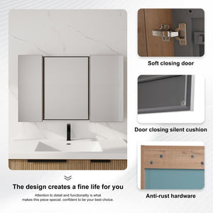 English Elm 43.3 Inch Wall Mounted Medicine Cabinet with Mirror Adjustable Shelves and Plywood Body W999S00563