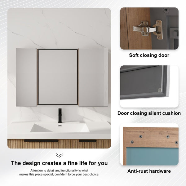 English Elm 43.3 Inch Wall Mounted Medicine Cabinet with Mirror Adjustable Shelves and Plywood Body W999S00563