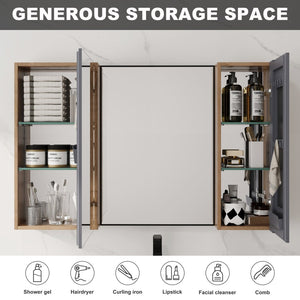 English Elm 43.3 Inch Wall Mounted Medicine Cabinet with Mirror Adjustable Shelves and Plywood Body W999S00563
