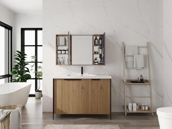 English Elm 43.3 Inch Wall Mounted Medicine Cabinet with Mirror Adjustable Shelves and Plywood Body W999S00563