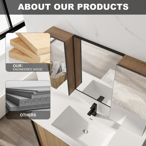 English Elm 43.3 Inch Wall Mounted Medicine Cabinet with Mirror Adjustable Shelves and Plywood Body W999S00563