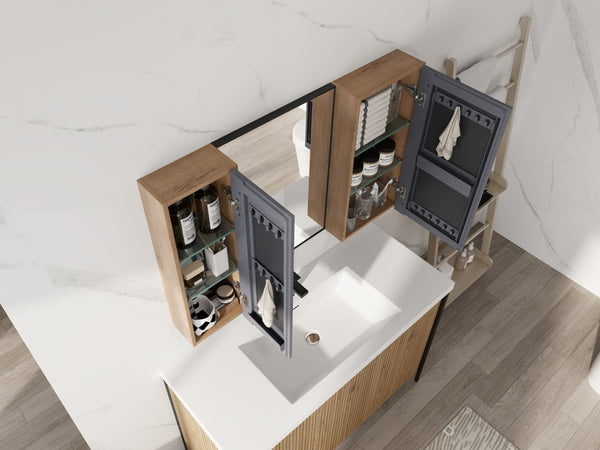 English Elm 43.3 Inch Wall Mounted Medicine Cabinet with Mirror Adjustable Shelves and Plywood Body W999S00563