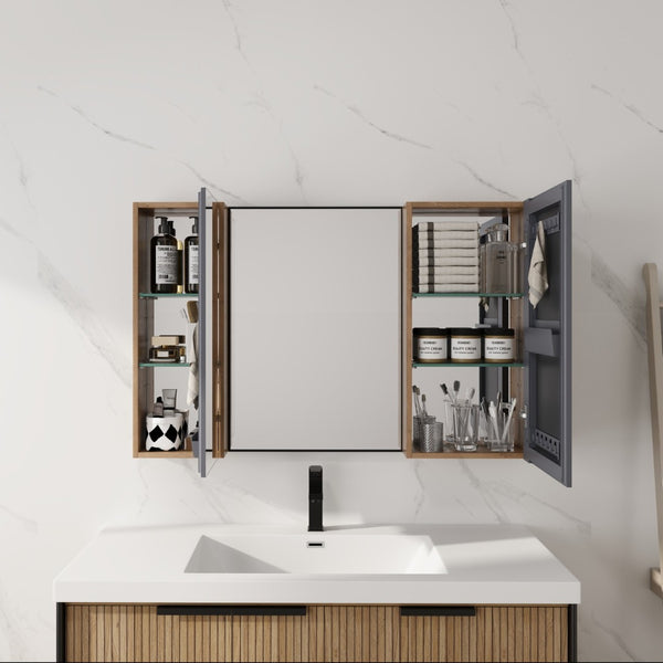 English Elm 43.3 Inch Wall Mounted Medicine Cabinet with Mirror Adjustable Shelves and Plywood Body W999S00563
