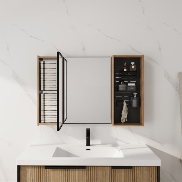 English Elm 41.6 Inch Wall Mounted Bathroom Medicine Cabinet with Mirror Soft Close Plywood Storage Mirror Door with Adjustable Shelves W999S00564