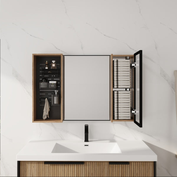 English Elm 41.6 Inch Wall Mounted Bathroom Medicine Cabinet with Mirror Soft Close Plywood Storage Mirror Door with Adjustable Shelves W999S00564