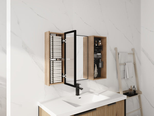English Elm 41.6 Inch Wall Mounted Bathroom Medicine Cabinet with Mirror Soft Close Plywood Storage Mirror Door with Adjustable Shelves W999S00564