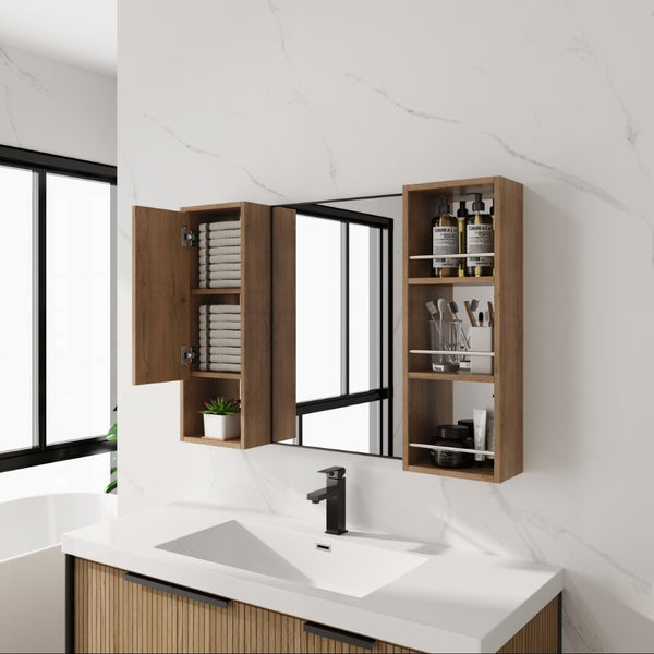 English Elm 39.4 Inch Wall Mounted Bathroom Mirror Cabinet with Adjustable Shelves and Plywood Build W999S00565